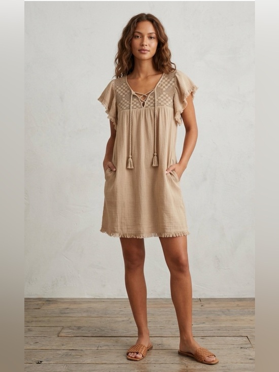 aerie Dresses & Skirts - Aerie Tan Mini Dress with Crochet Accents